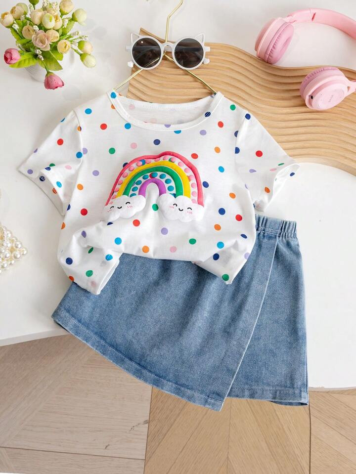 SHEIN Young Girl Back To School Season Casual Cute Round Neck Regular Sleeves Colorful Polka Dot Rainbow Printed T-Shirt And Plain Denim Skort Set Summer | SHEIN