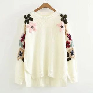 Flower Embroidered Sweater Beige - One Size | YesStyle Global