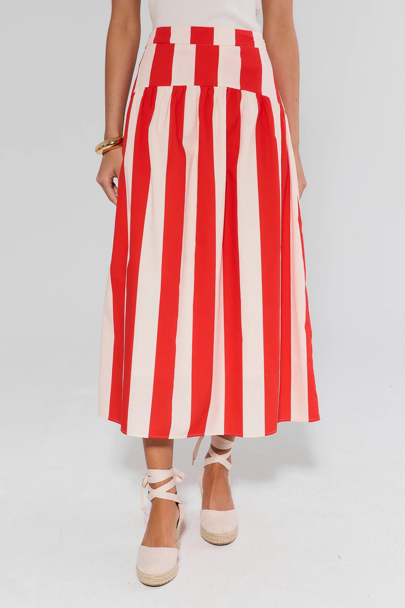 Veronica Red Striped Midi Skirt | Avara