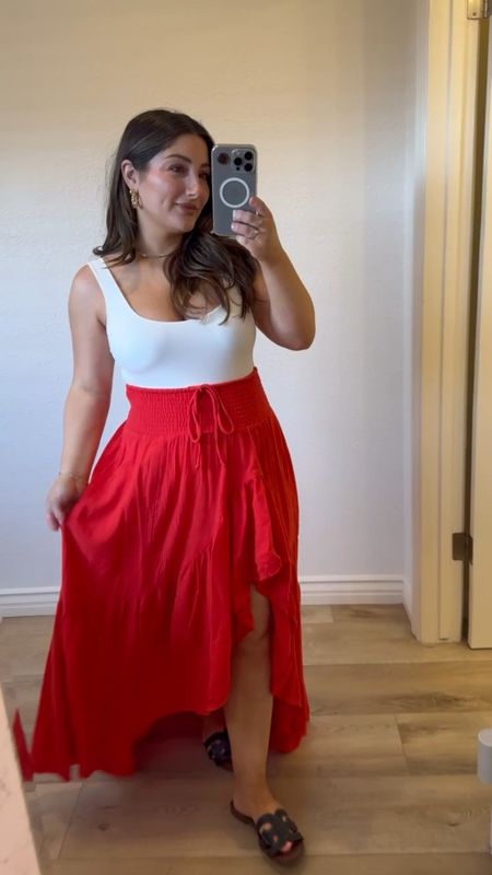 Love how comfortable and flowy this skirt is!! Red is so perfect for summer events! 

Skirt: size xs 
Bodysuit: size small 

Memorial Day, Long weekend, summer outfit, travel outfit, maternity fashion, date night, swim cover up 

#LTKFindsUnder100 #LTKSeasonal #LTKTravel