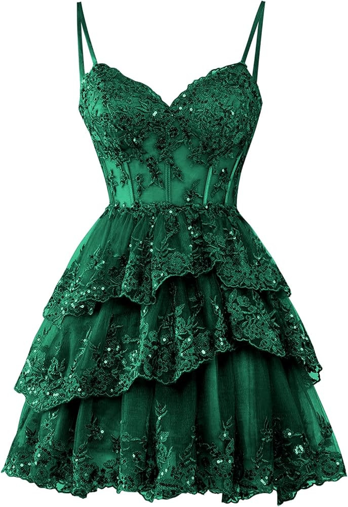 Short Sequin Homecoming Dresses Tulle Sparkly A-Line Corset Lace Prom Dress | Amazon (US)