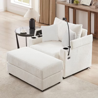 41.7inModern Style Single Sofa Sofa Couch with Storage Space, A Movable Ottoman, Two USB Ports, Two Cup Holders, A Phone Holder for Living Room, Beige | Target
