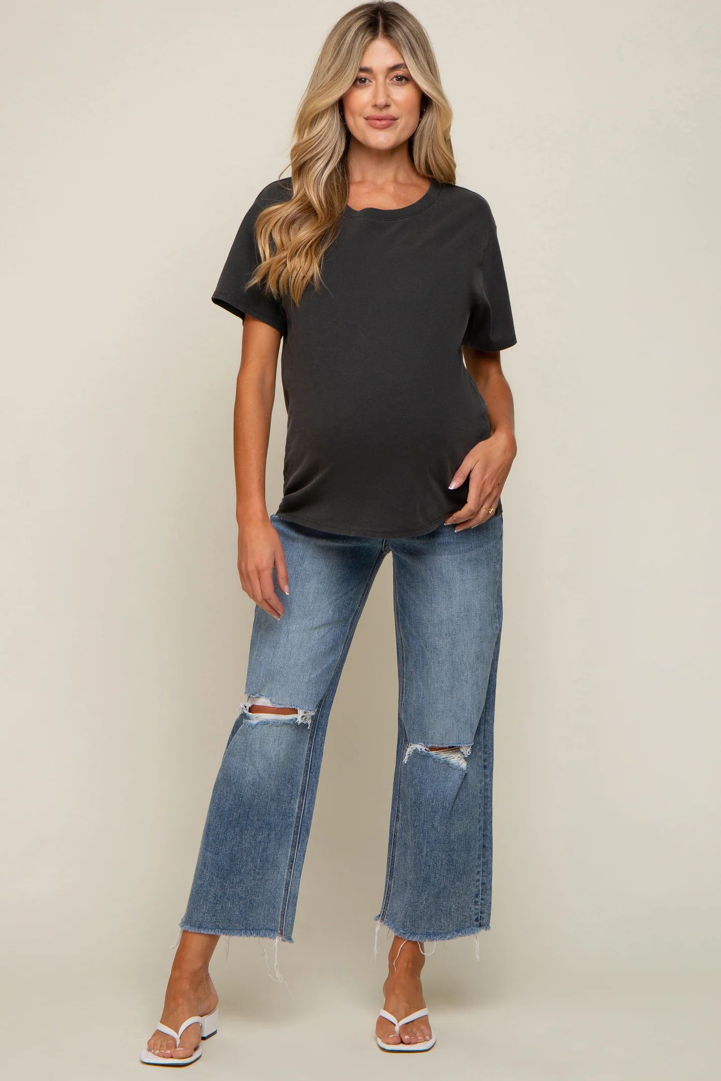 Blue Wide Leg Distressed Knee Maternity Jeans | PinkBlush Maternity