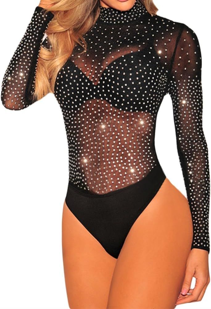 Women's Sexy Rhinestone Sheer Mesh Long Sleeves Bodysuit S-3XL | Amazon (US)
