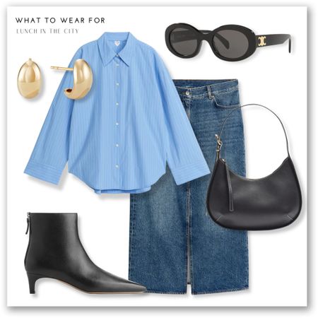 Transitional season outfit ideas 💡 

Blue shirt, denim midi skirt, arket, black heeled boots, shoulder bag, gold hoops, mejuri, Celine sunglasses 

#LTKeurope #LTKstyletip #LTKSeasonal