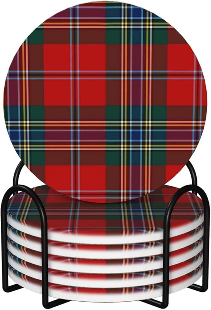Ceramic Coasters Set of 6 with Holder, MacLean Clan Tartan Red, Green and Blue Plaid Absorbent Dr... | Amazon (US)