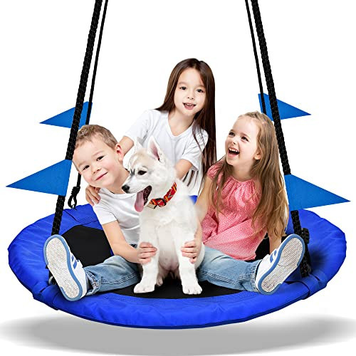 PACEARTH 40 Inch Saucer Tree Swing Flying 660lb Weight Capacity 2 Added Hanging Straps Adjustable Multi-Strand Ropes Colorful Safe and Durable Swing Seat for Children Adults - Blue | Amazon (US)