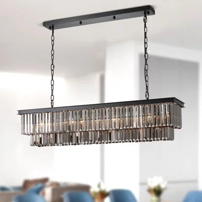 Crystal Rectangle Chandeliers, 8-Light Dining Room Ceiling Pendant Light, Smoky Gray Crystal With Black Metal Frame | Wayfair North America