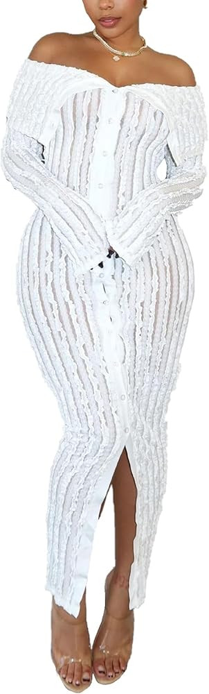 NRTHYE Women Sexy See Through Bodycon Maxi Dress Off Shoulder Long Sleeve Slim Club Ruched Long D... | Amazon (US)