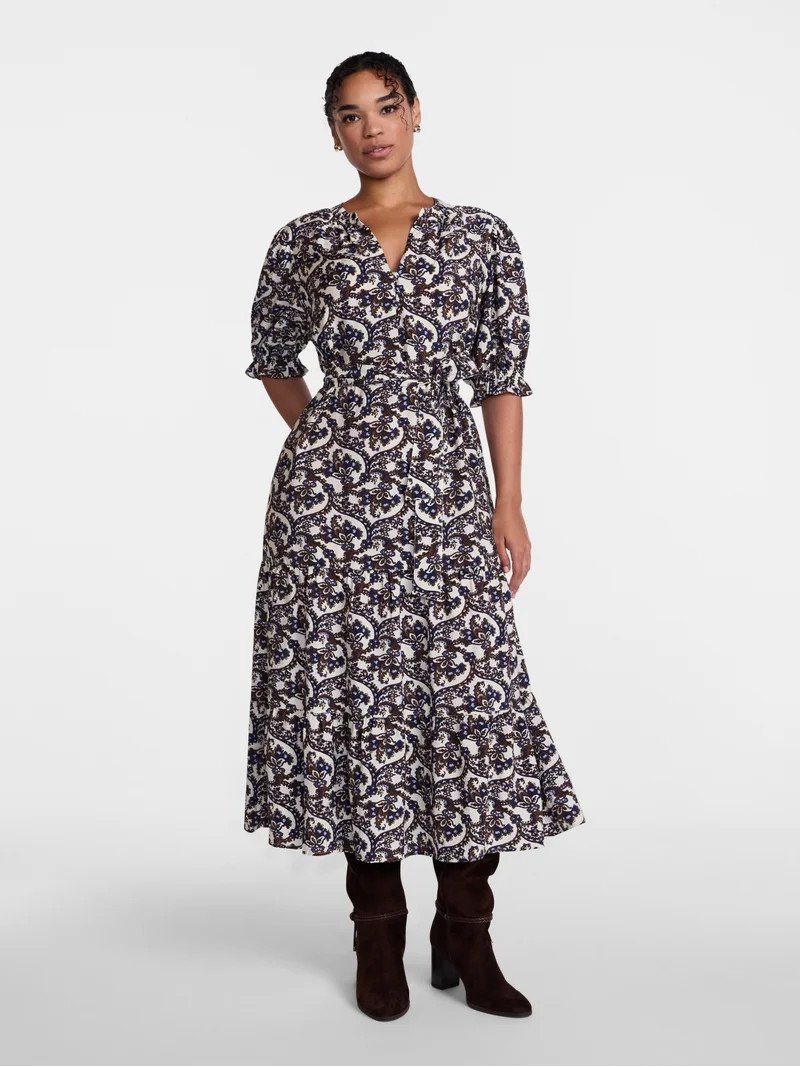 Scenario Women's and Women's Plus Tiered Midi Dress with Short Sleeves, Sizes XS-4X | Walmart (US)