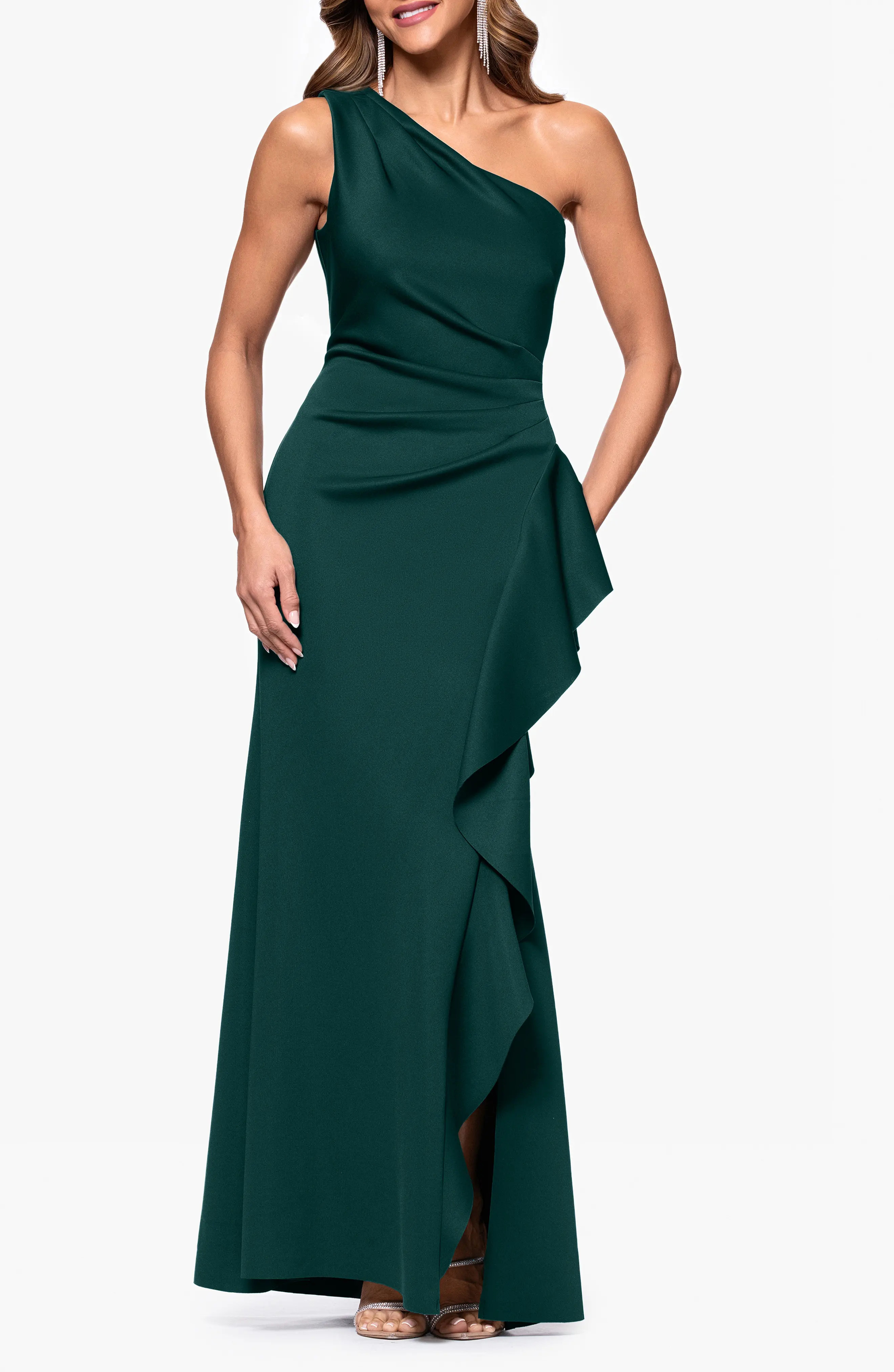Xscape Evenings One-Shoulder Ruffle Scuba Crepe Gown (Women) | Nordstrom | Nordstrom