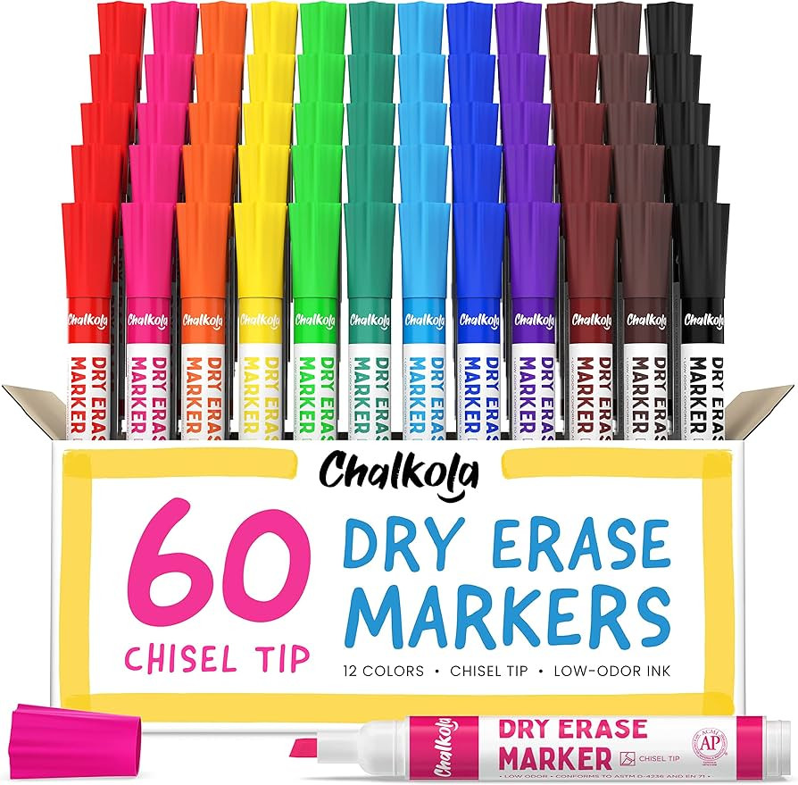Chalkola Dry Erase Markers Bulk Pack of 60 (12 Vibrant Colors), Chisel Tip White Board Markers Dr... | Amazon (US)
