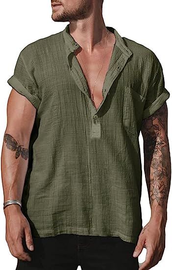 Men's Linen Henley Shirts Short Sleeve Summer Beach Yoga Henley Tops V Neck T Shirt | Amazon (US)