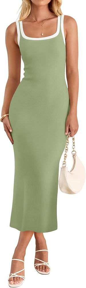ZESICA Women's 2025 Summer Bodycon Midi Dress Casual Sleeveless Square Neck Side Slit Knit Vacati... | Amazon (US)