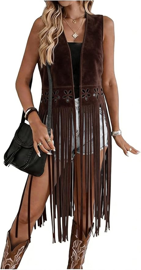 Women's Faux Suede Tassel Vest Sleeveless Western Cowgirl Fringe Jacket 70s Hippie Open Front Lon... | Amazon (US)