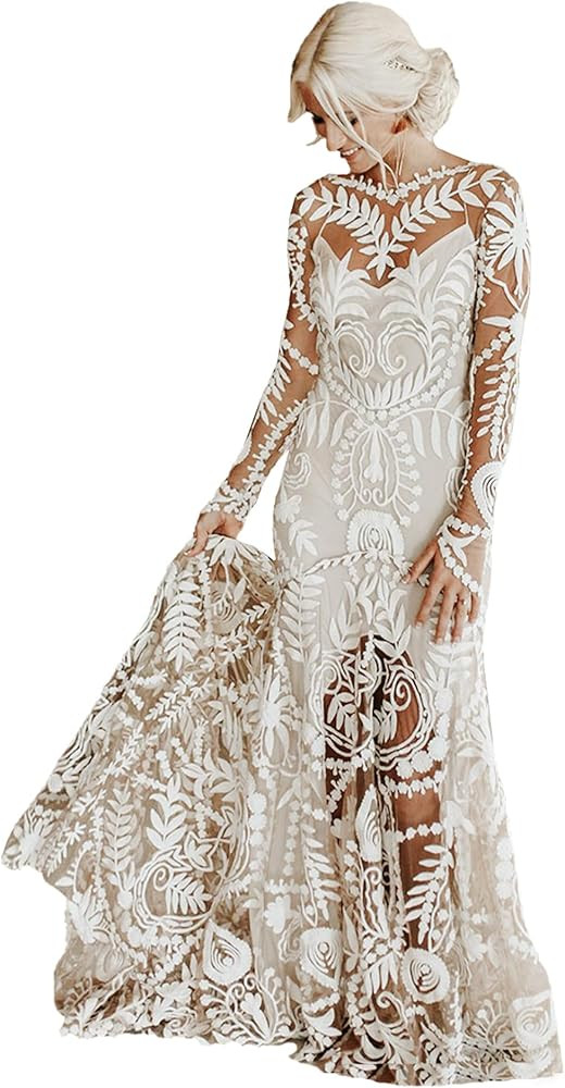 LIPOSA Women's Cowboy Wedding Dress 2 Pieces Long Sleeves Rustic Lace Elopement Mermaid Bridal Go... | Amazon (US)