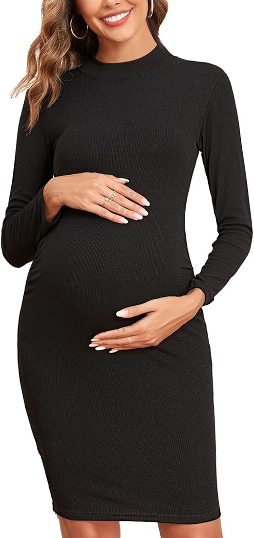 Liu & Qu Women's Maternity Knit Ribbed Dress Long Sleeve Bodycon Dress Daily Wearing Baby Shower | Amazon (US)
