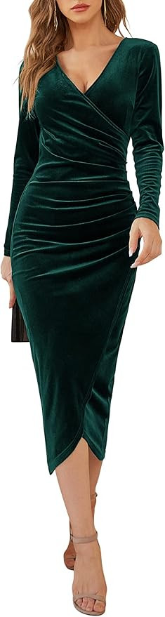 DIRASS Women's Elegant Velvet Long Sleeve Wrap V Neck Ruched Bodycon Cocktail Party Maxi Dress | Amazon (US)