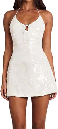 Amazon.com: Women Sparkly Sequins Dress Halter Neck Shiny Spaghetti Strap Glitter Slip Short Dress Cocktail Night Out Dresses | Amazon (US)