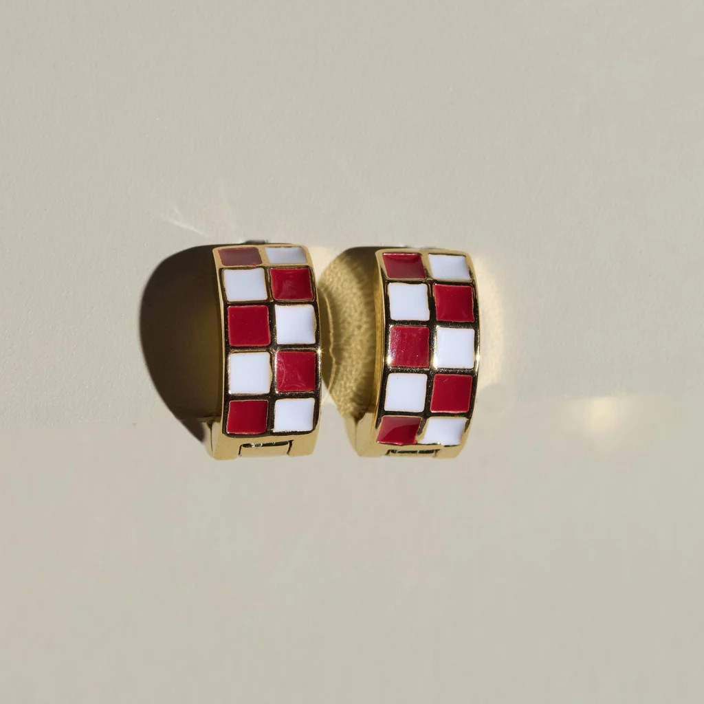 Maroon & White Checkered Enamel Huggies | Nickel and Suede