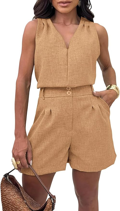 CHICME Women's Summer 2 Piece Outfits V-Neck Sleeveless Ruched Shoulder Top and High Waist Elasti... | Amazon (US)