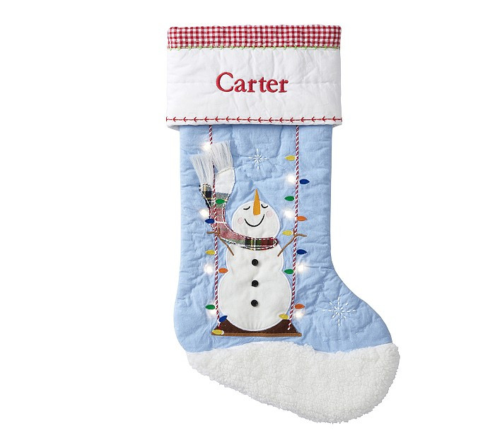 Blue Swinging Snowman Light-Up Quilted Christmas Stocking | Pottery Barn Kids