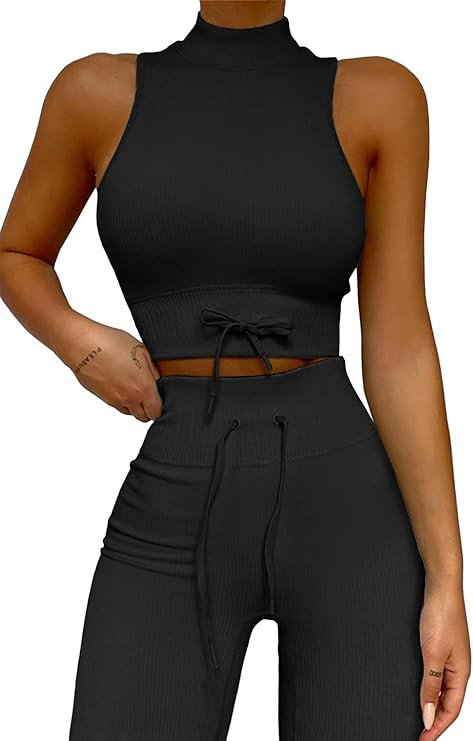 QINSEN Ribbed Workout Sets for Women Seamless High Neck Sport Bra Tummy Control Yoga Leggings 2 P... | Amazon (US)