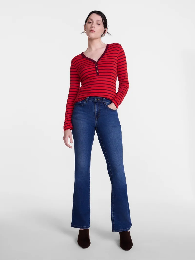 Scenario Women's and Women's Plus Striped Henley Shirt with Long Sleeves, Sizes XS-4X | Walmart (US)