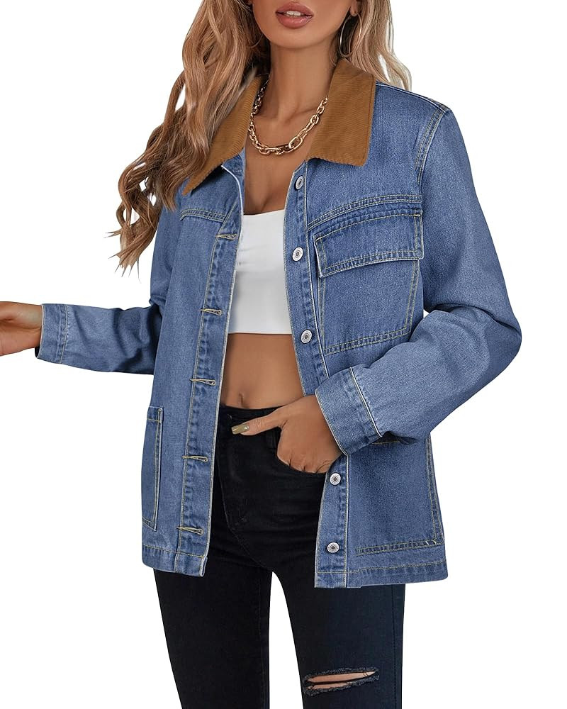 luvamia Jean Jacket Women Trendy Button Down Contrast Corduroy Collar Casual Loose Fit Denim Barn... | Amazon (US)