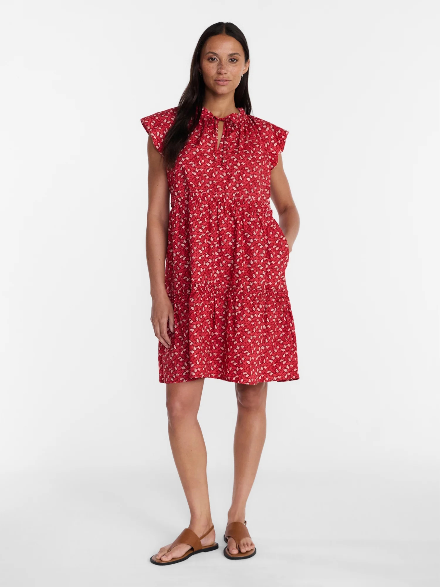 Time and Tru Women's and Women's Plus Tiered Cotton Mini Dress with Flutter Sleeves, Sizes XS-4X | Walmart (US)
