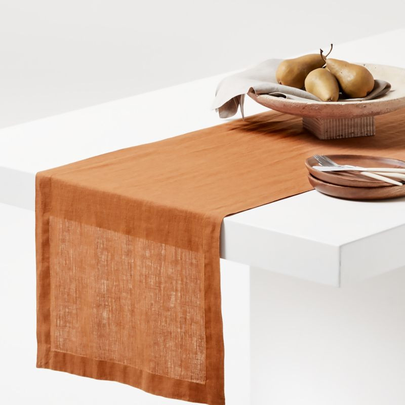 Marin 120" Almond Brown European Flax -Certified Linen + Reviews | Crate & Barrel | Crate & Barrel