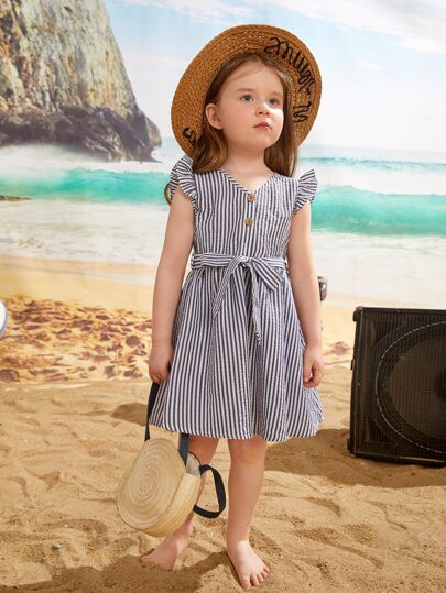 SHEIN Toddler Girls Striped Butterfly Sleeve Belted Dress | SHEIN
