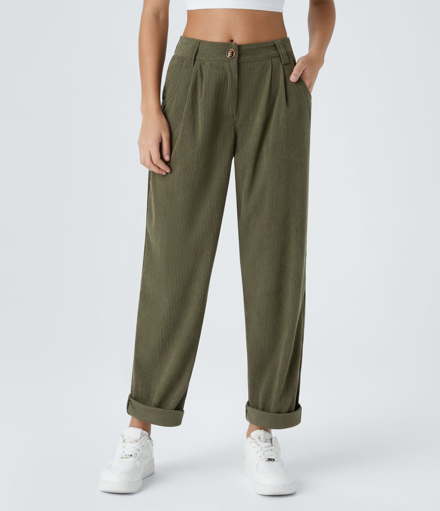 Women’s Mid Rise Zipper Pocket Corduroy Casual Pants - Halara | HALARA