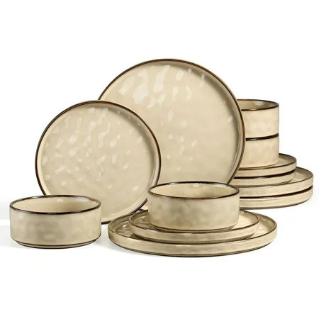 Vesteel 12-Piece Dinnerware Sets, Stoneware Plates and Bowls Set, Dishes Set for 4, Elegant Ceramic Dinnerware for Home Restaurant - Khaki | Walmart (US)