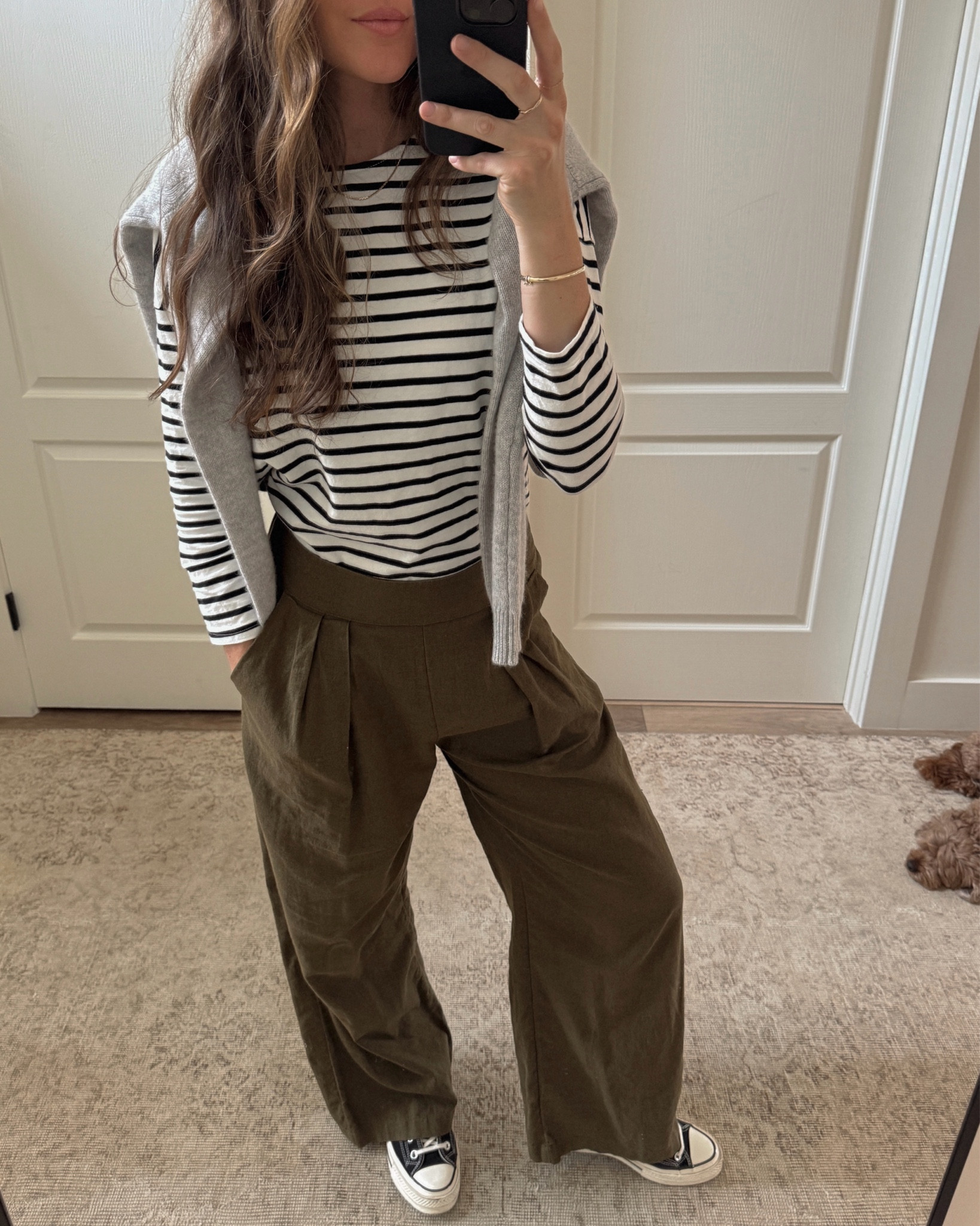 Striped long sleeve top, gray cashmere pullover sweater, green linen wide leg pants, black chuck 70’s converse sneakers