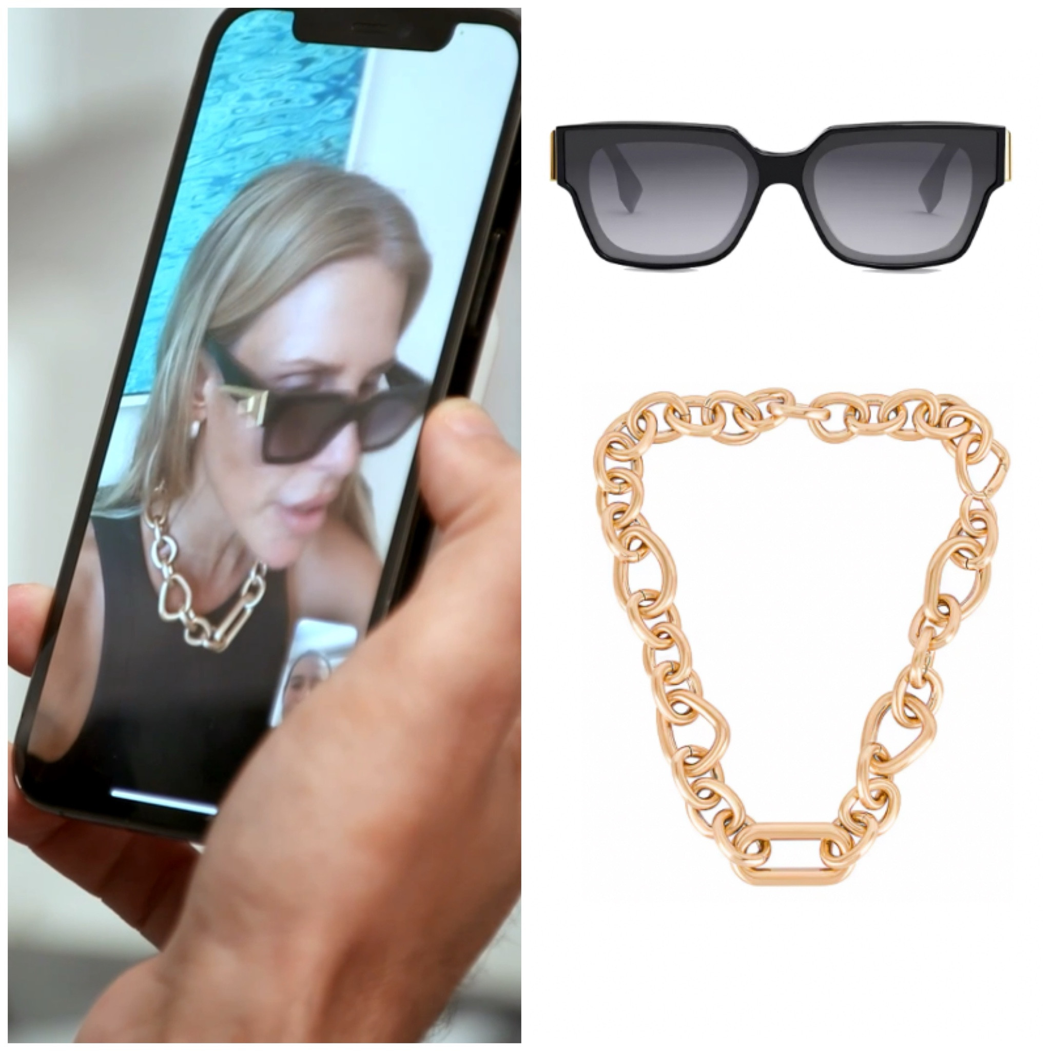 Tracy Tutor’s Gold Chain Necklace and Sunglasses 