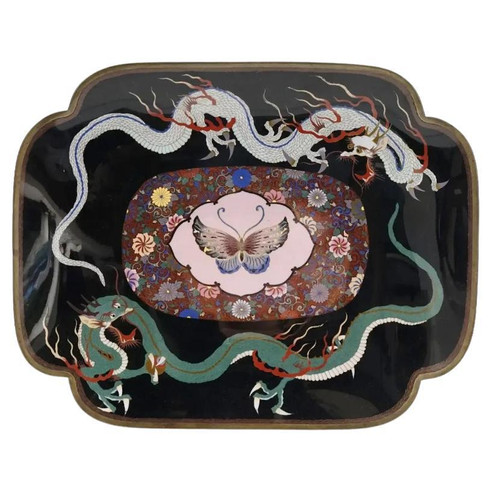 Large Meiji Japanese Cloisonne Enamel Dueling Dragons Pink Butterfly Tray