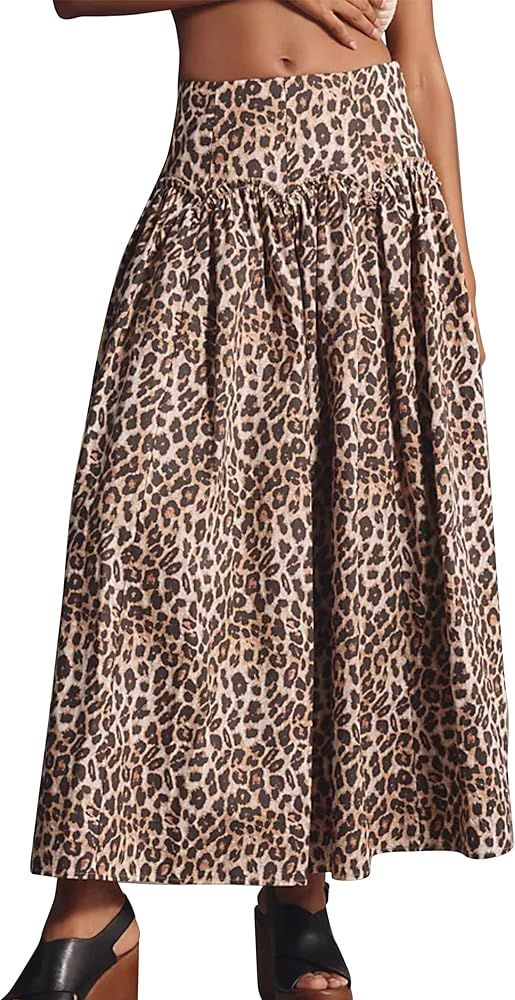 Leopard Print High Waist Maxi Skirt for Women Elegant Flowy A-Line Long Skirts Dress | Amazon (US)