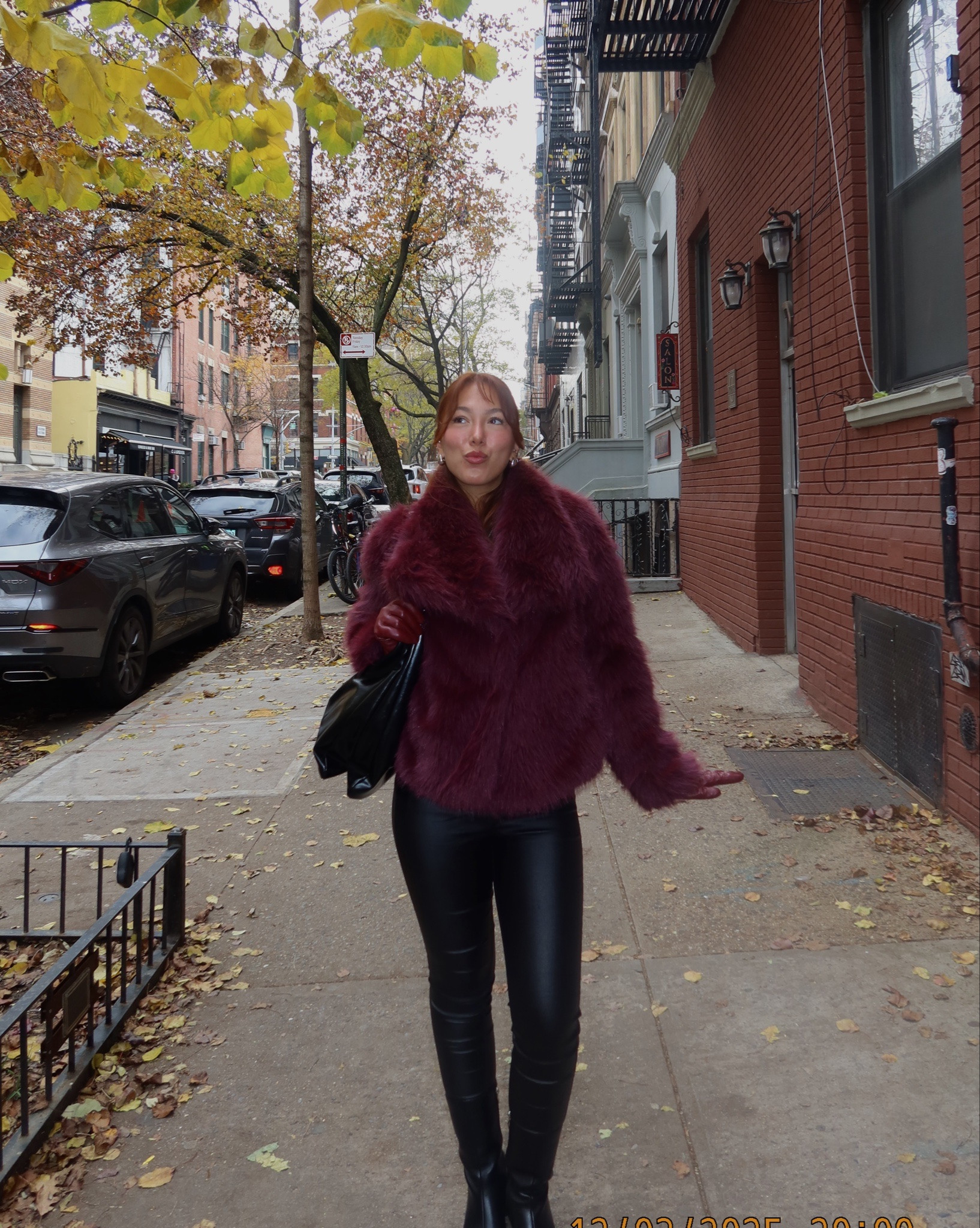 Coat from TikTok shop
Leather jeans are fashion nova “Coated With Love Skinny Pants - Black” 
Boots are asos “glamorous block heel square toe boots in black"
Black long sleeve is princess Polly “Ryka long sleeve eyelet top”

#LTKFindsUnder100 #LTKHoliday #LTKBeauty