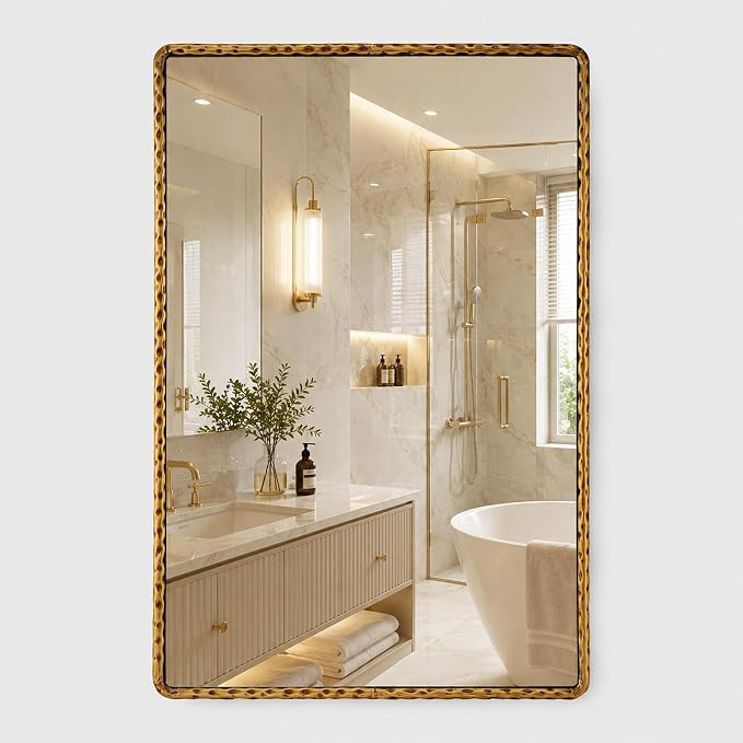 24"x36" Antique Gold Bathroom Mirror, Rounded Rectangle Frame | Vintage hammered metal frame, hor... | Amazon (US)