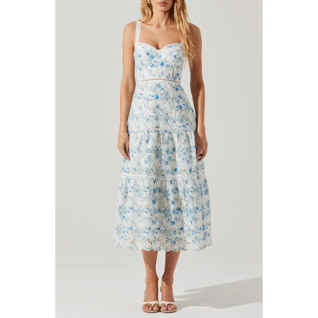 ASTR the Label Pellagia Eyelet Embroidery A-Line Dress in White Blue Floral at Nordstrom Rack, Size Large | Nordstrom Rack