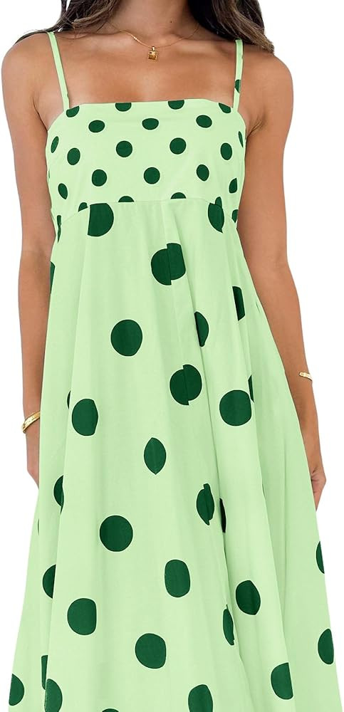 chouyatou Women's Elegant Polka Dot Maxi Dress Back Smocked Spaghetti Strap Ruffle Swing Long Dre... | Amazon (US)