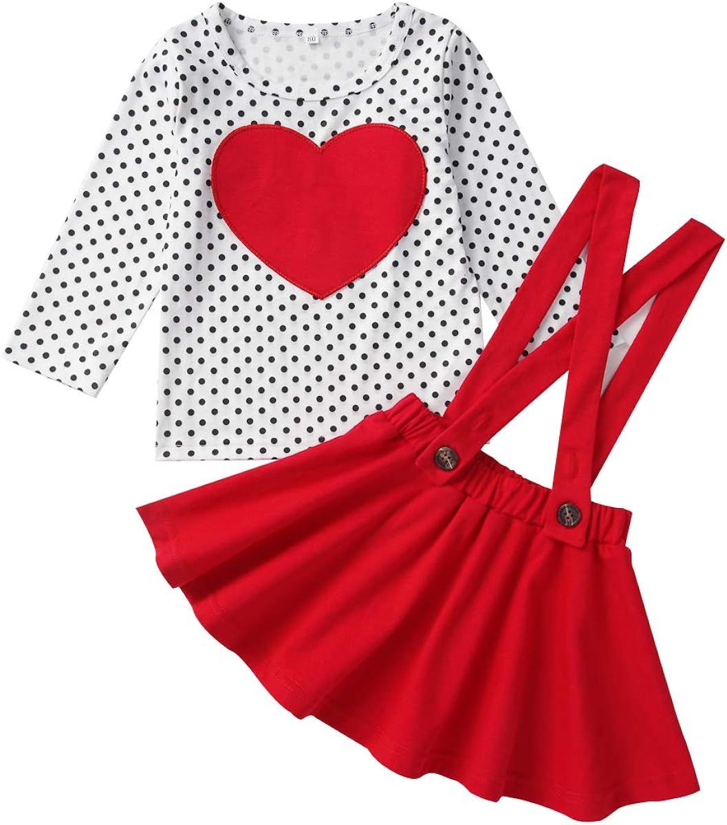 Toddler Baby Girl Valentine's Day Outfit Long Sleeve Dot Heart Shirt Top+Suspender Strap Red Skir... | Amazon (US)