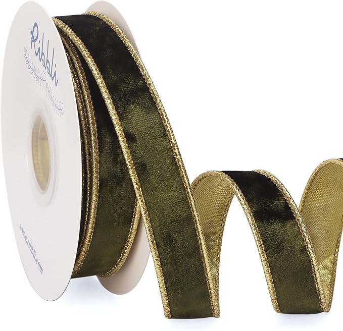 Ribbli Olive Green Velvet Wired Ribbon 1 Inch Metallic Crushed Olive Gold Velvet Christmas Ribbon... | Amazon (US)
