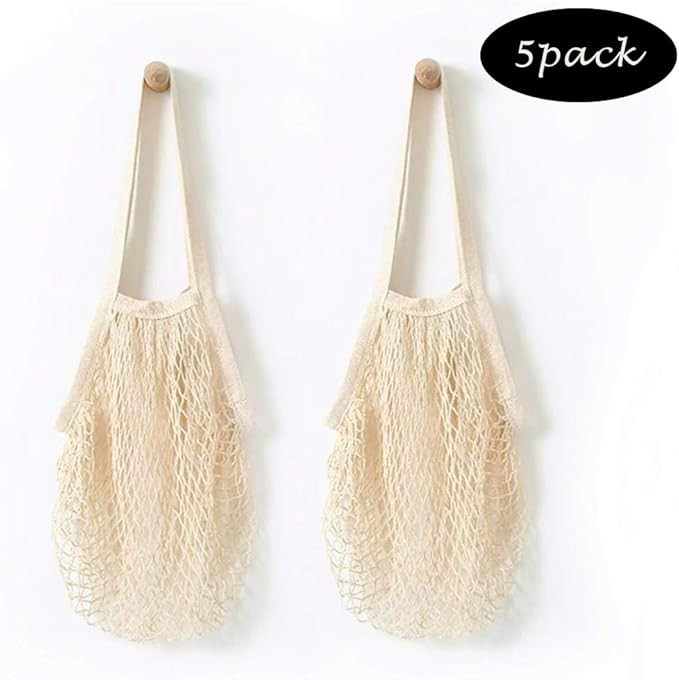 Pack of 5 Portable/Reusable/Washable Cotton Mesh String Organic Organizer Shopping Handbag Long H... | Amazon (US)