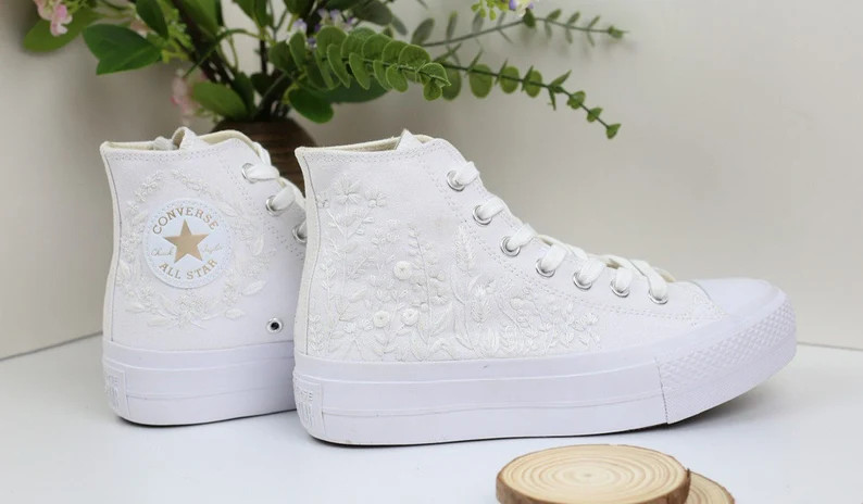 Custom Wedding Platform Shoes/ White Flowers Embroidered Sneakers for Bride/ Embroidered Wedding ... | Etsy (US)