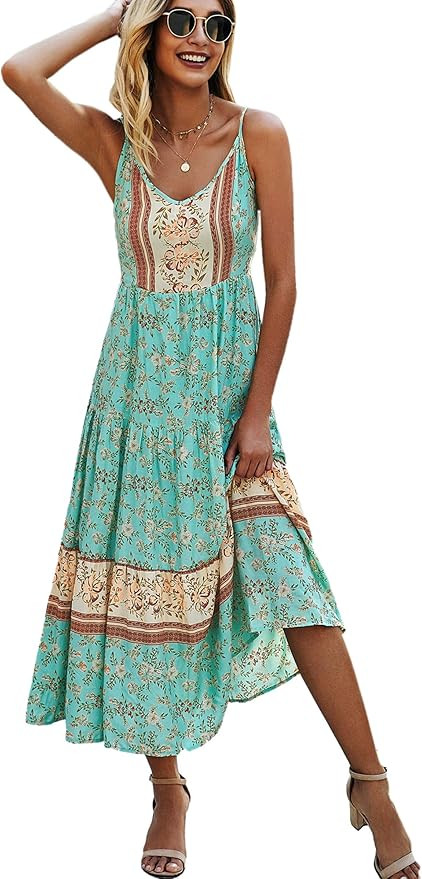 Angashion Women's Dresses Floral Adjustable Spaghetti Strap V Neck Boho Long Maxi Dress Summer Be... | Amazon (US)