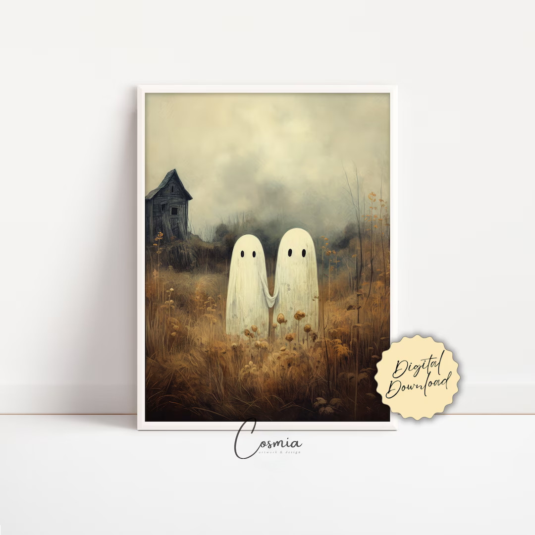 Ghosts Art Print, Halloween Art Print, Halloween Decor, Cute Ghosts in Field, Spooky Vintage Hall... | Etsy (US)