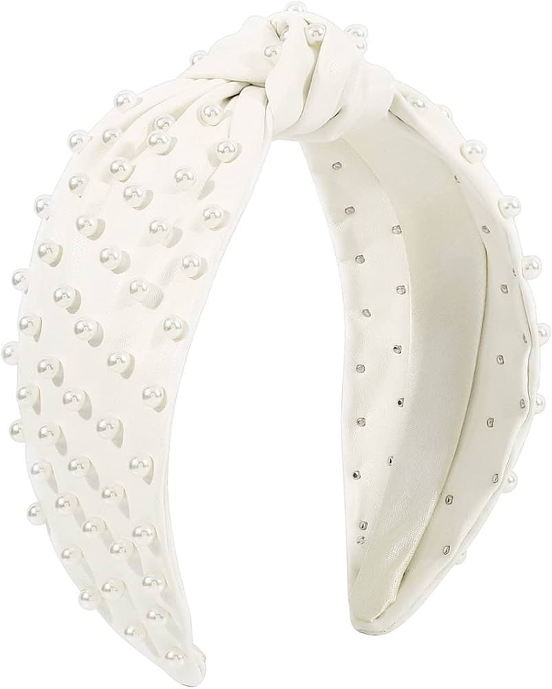 Pearl Knotted Women Headband Leather White Beaded Luxury Pearly Hair Band Summer Fashion Wide Hea... | Amazon (US)