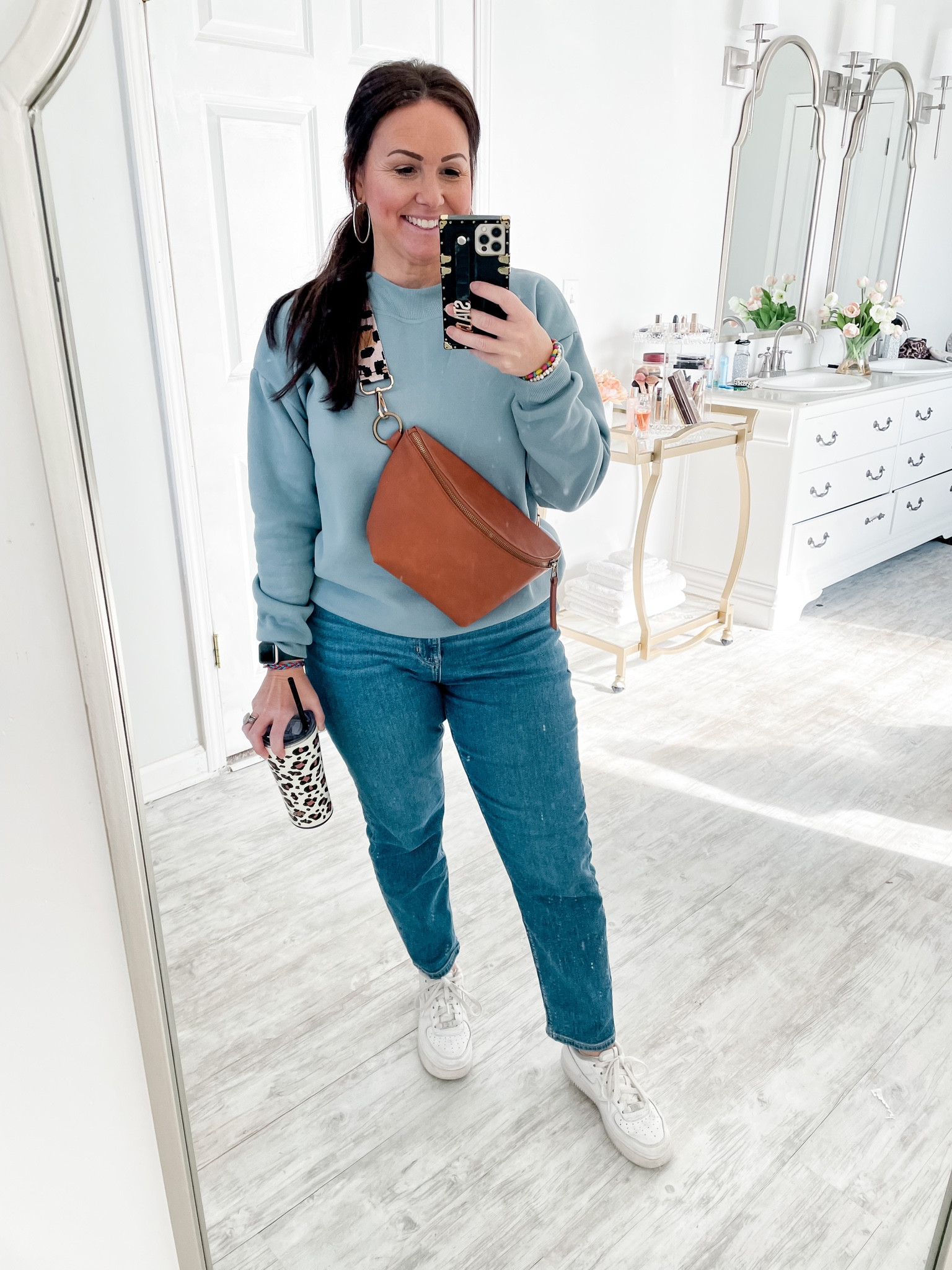 Mom jeans + $10 sweatshirts + leopard print to bring in the new year 🙌🏼

Top is a medium & has the softest lining. Jeans I sized down in to a 6 and I bought the short length. PERFECT fit if you’re 5’ or under!

Casual wear
Casual style
Petite fashion
American eagle 
Petite jeans
Nike Air Force
Belt bag
Fanny pack

#LTKfit #LTKstyletip #LTKunder50